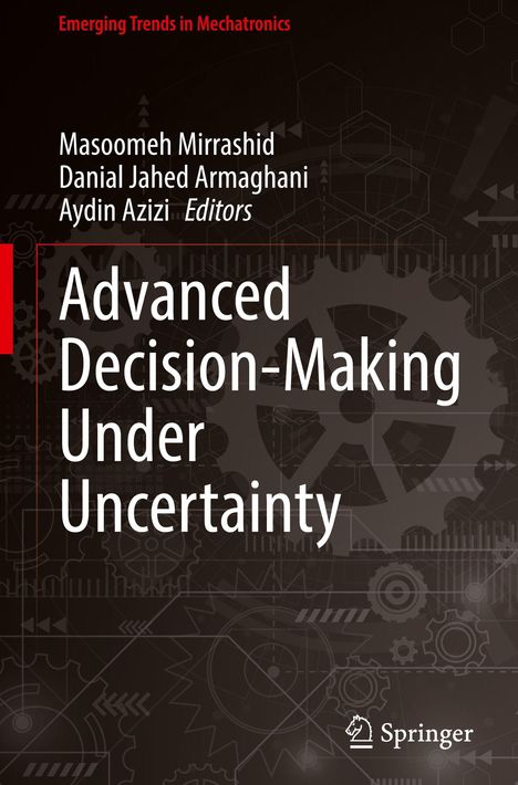 Text: "Emerging Trends in Mechatronics" und "Advanced Decision-Making Under Uncertainty". Zahnräder und technische Illustrationen.