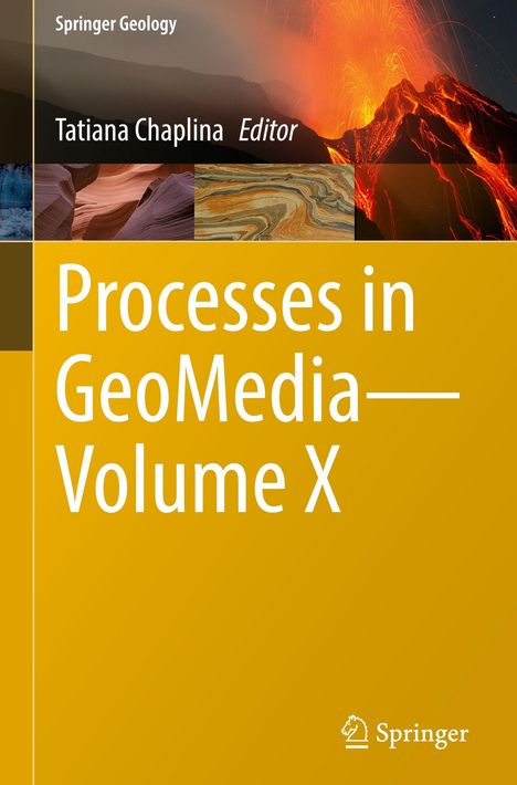 „Processes in GeoMedia—Volume X“, Springer Geology, Tatiana Chaplina Editor, mit Vulkan und Gesteinsmustern.