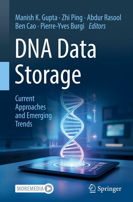 Titel: "DNA Data Storage". Unten leuchtet eine DNA-Doppelhelix über einem Tablet in futuristischer Umgebung.