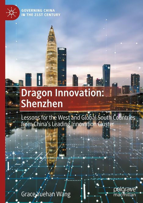 „Dragon Innovation: Shenzhen“, Bild von modernem Hochhaus bei Nacht, Lichter spiegeln sich im Wasser, abstraktes Netzwerkmuster.