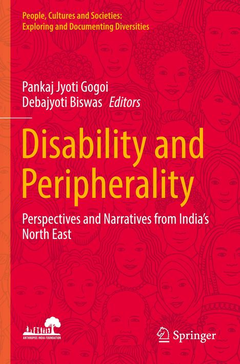 „Disability and Peripherality“ steht groß in Gelb auf rotem Hintergrund, umgeben von schematischen Gesichtern.