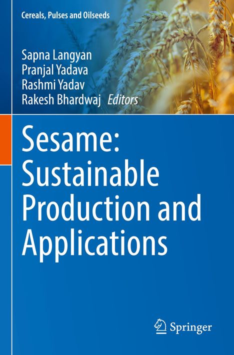 Buchtitel:"Sesame: Sustainable Production and Applications". Hintergrund: Weizenähren, blaues Farbschema, Springer-Logo.