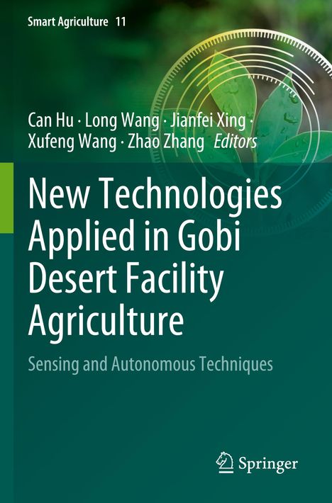 "New Technologies Applied in Gobi Desert Facility Agriculture" auf grünem Hintergrund, Blätter und Kreismuster.