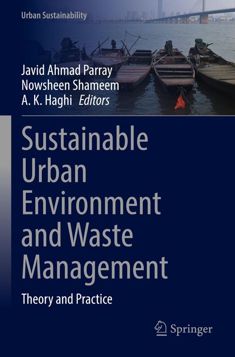 Buchtitel: "Sustainable Urban Environment and Waste Management". Im Hintergrund Boote am Fluss vor einer Stadtansicht.