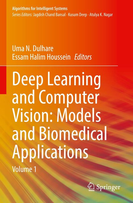 Text: "Deep Learning and Computer Vision: Models and Biomedical Applications, Volume 1." Orange und gelbe abstrakte Muster.