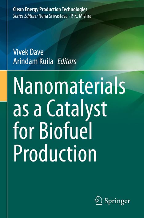 Titel: "Nanomaterials as a Catalyst for Biofuel Production". Grüne und blaue Farbtöne mit dynamischen Formen. Springer-Logo.