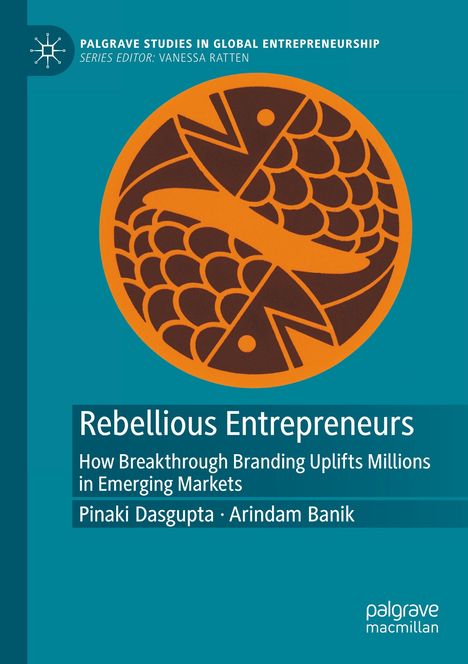 "Rebellious Entrepreneurs" von Pinaki Dasgupta. Illustration: ein stilisierter Fisch in einem orangenen Kreis auf blauem Hintergrund.