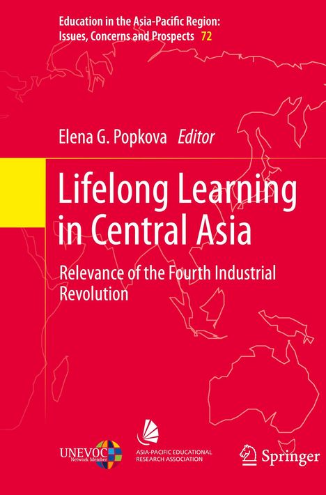 Buchtitel: "Lifelong Learning in Central Asia" von Elena G. Popkova. Roter Hintergrund mit Kontinentumrissen und Logos.