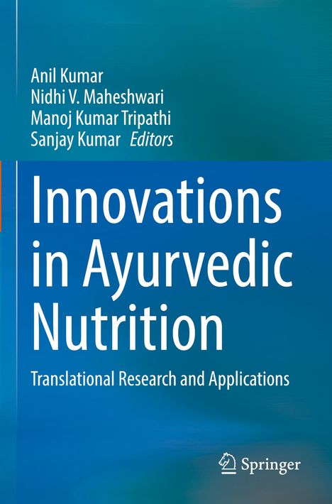 Text: "Innovations in Ayurvedic Nutrition: Translational Research and Applications", oben Namen der Herausgeber. Unten Logo.