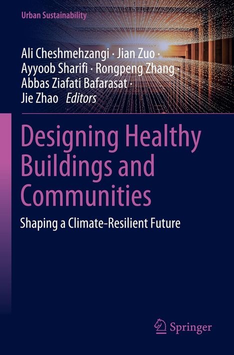 Titel: Designing Healthy Buildings and Communities. Leuchtendes Abbild eines Korridors mit Lichtstrahlen. Springer-Logo unten.