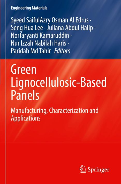 „Green Lignocellulosic-Based Panels“ steht in weiß auf rotem Grund; darunter: „Manufacturing, Characterization and Applications“.
