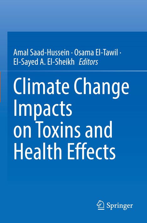 Buchcover mit blauem Hintergrund. Titel: "Climate Change Impacts on Toxins and Health Effects". Herausgebernamen oben.