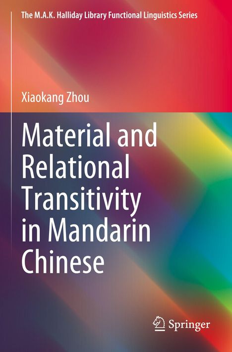 "The M.A.K. Halliday Library Functional Linguistics Series", Xiaokang Zhou, "Material and Relational Transitivity in Mandarin Chinese". Springer-Logo unten. Hintergrund bunt verlaufend.