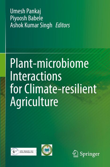 "Buchtitel: Plant-microbiome Interactions for Climate-resilient Agriculture. Grüne Hintergrundfarbe mit Logos unten."