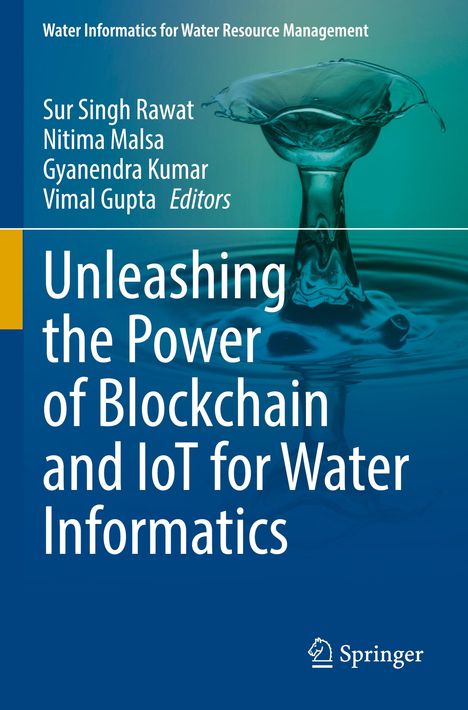 Text: "Unleashing the Power of Blockchain and IoT for Water Informatics." Wasser-Spritz-Motiv, blau-grüner Hintergrund.