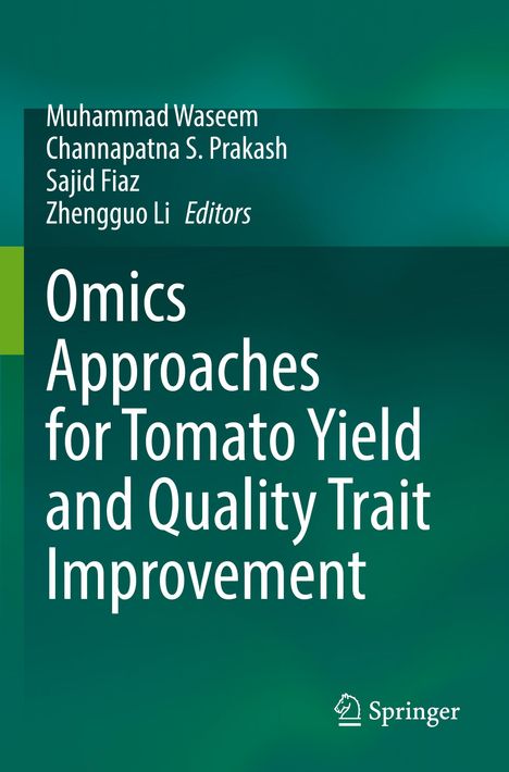 Titel: "Omics Approaches for Tomato Yield and Quality Trait Improvement." Grün-blauer Hintergrund. Springer-Logo unten rechts.