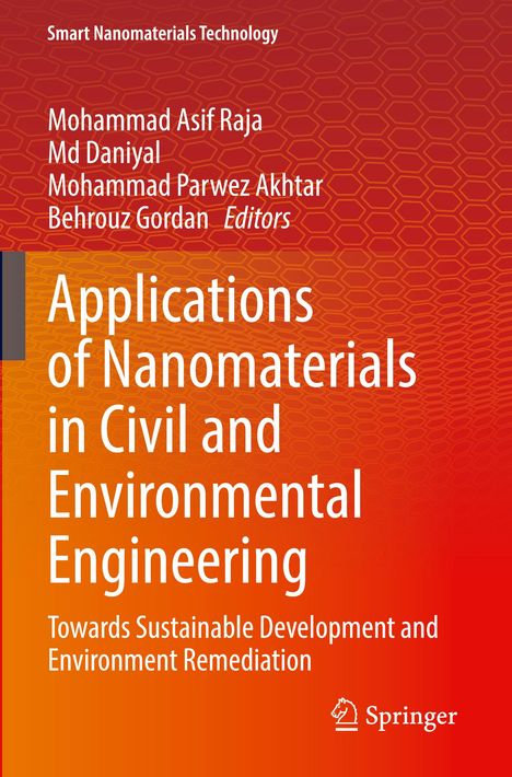 "Applications of Nanomaterials in Civil and Environmental Engineering". Roter, orange-gelber Hintergrund mit Wabenmuster.