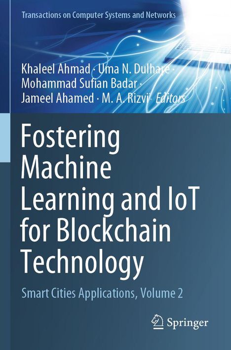 „Fostering Machine Learning and IoT for Blockchain Technology“ steht auf blauem Hintergrund mit Springer-Logo.