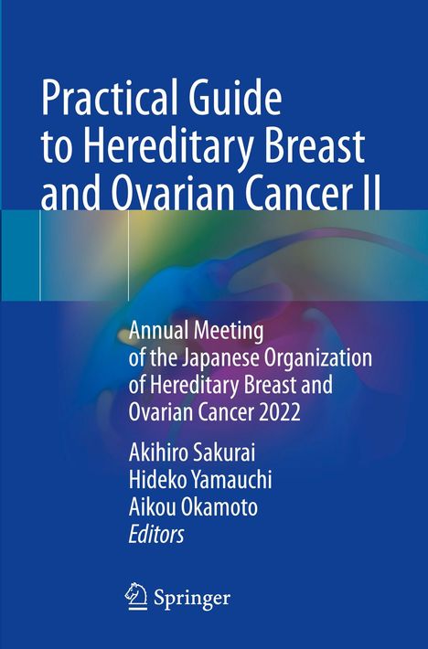 „Practical Guide to Hereditary Breast and Ovarian Cancer II“. Blaue Abdeckung mit abstraktem Farbverlauf.
