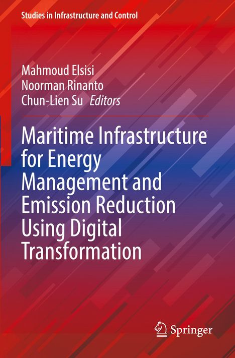 Buchtitel über maritime Infrastruktur und digitale Transformation mit einem roten, blauen, violetten, geometrischen Design.