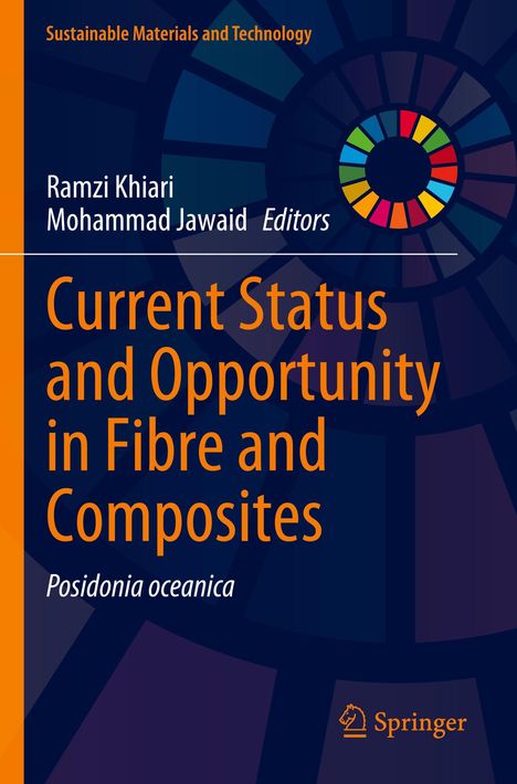 "Current Status and Opportunity in Fibre and Composites. Posidonia oceanica. Ein buntes Kreis-Design ziert den Hintergrund."