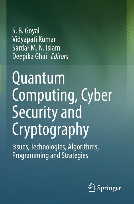 „Quantum Computing, Cyber Security and Cryptography“ - ein Buchcover mit grünem bis blauem Farbverlauf.