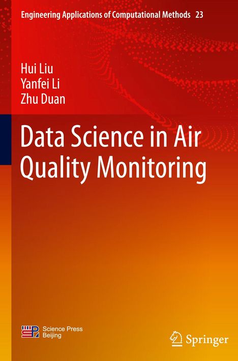 Titel: "Data Science in Air Quality Monitoring". Autoren: Hui Liu, Yanfei Li, Zhu Duan. Design in Rot-Orange, Logos unten.