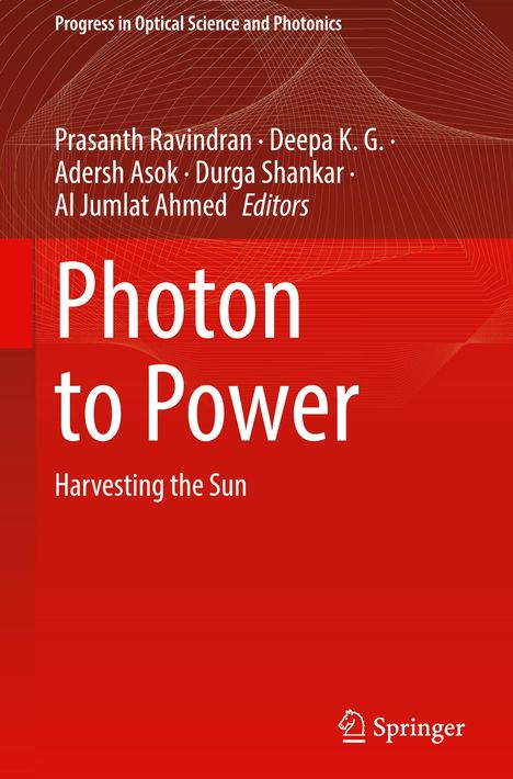 "Photon to Power: Harvesting the Sun" steht über einem roten Hintergrund mit abstraktem Linienmuster. Springer-Logo unten.