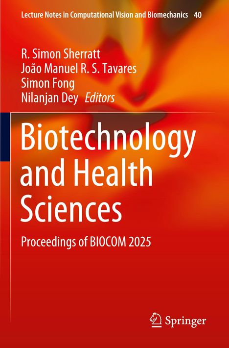 Text: "Biotechnology and Health Sciences: Proceedings of BIOCOM 2025". Hintergrund: Fließende, orange-rote Formen. Springer-Logo.