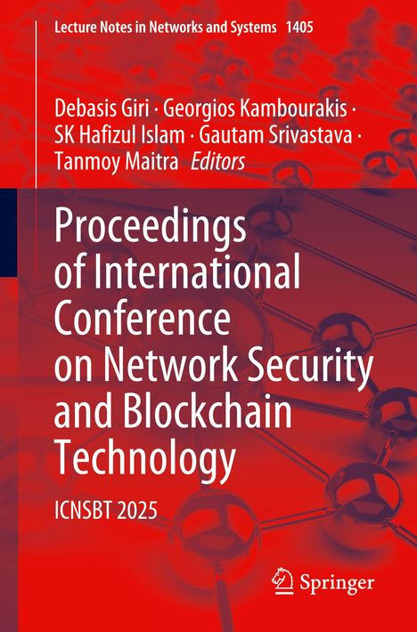 "Proceedings of International Conference on Network Security and Blockchain Technology, ICNSBT 2025." Rotes, technisches Hintergrundmuster.