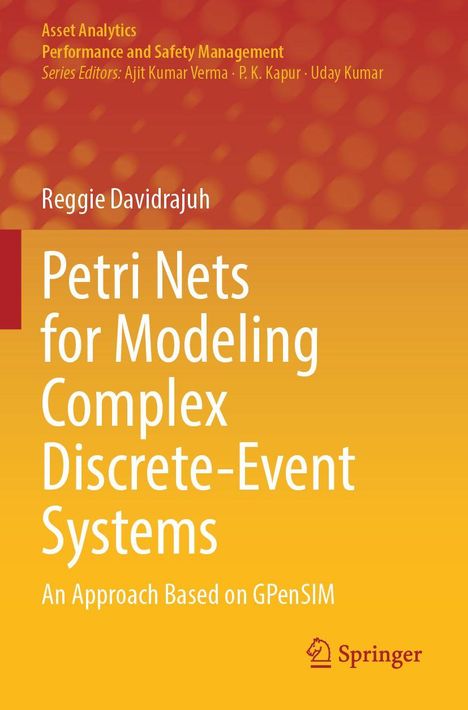 Cover mit orangefarbenem Hintergrund. Text: "Petri Nets for Modeling Complex Discrete-Event Systems" von Reggie Davidrajuh. Springer-Logo unten rechts.