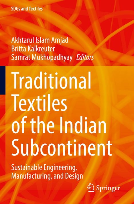 „Traditional Textiles of the Indian Subcontinent“, rote und orange gewellte Linien, Springer-Logo unten rechts.
