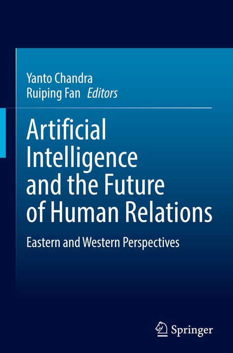 Blauer Hintergrund mit weißem Text: "Artificial Intelligence and the Future of Human Relations. Eastern and Western Perspectives".