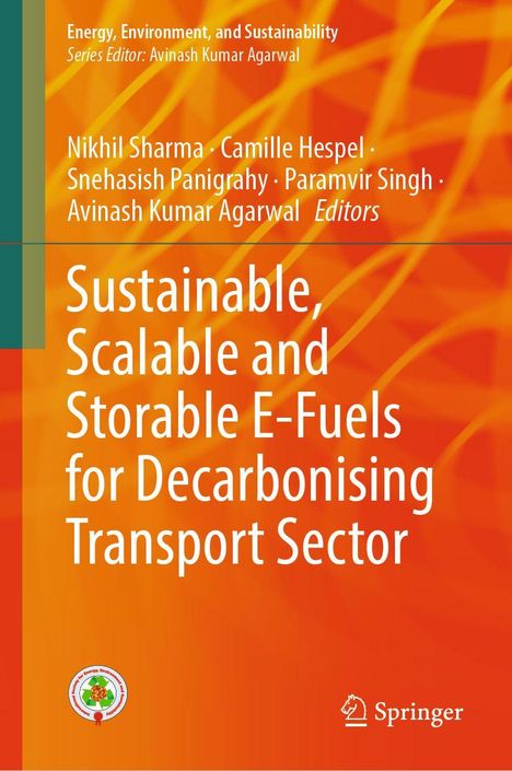 Buchcover mit orangem Hintergrund und Text: "Sustainable, Scalable and Storable E-Fuels for Decarbonising Transport Sector".