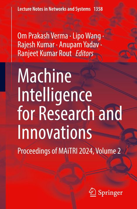 "Machine Intelligence for Research and Innovations" Titel auf rotem Hintergrund mit Molekülstruktur.