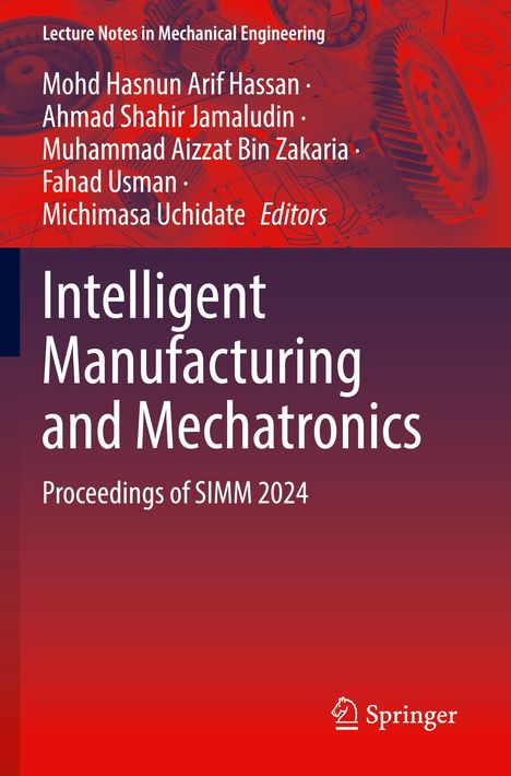 Titel: "Intelligent Manufacturing and Mechatronics". Hintergrund: technische Zahnräder und Zeichnungen in Rot.