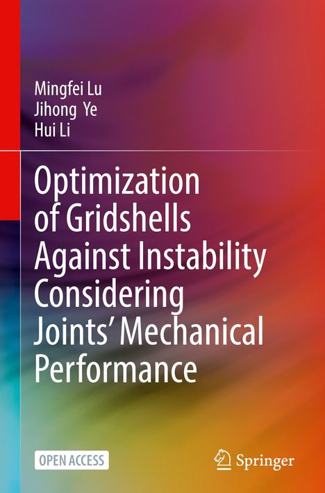 Text: "Optimization of Gridshells Against Instability Considering Joints’ Mechanical Performance". Autoren: Mingfei Lu, Jihong Ye, Hui Li. Verlag: Springer. Hintergrund: Bunte, fließende Farbverläufe.