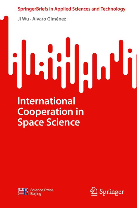 "International Cooperation in Space Science" vor rotem Hintergrund mit weißen grafischen Elementen, Logos unten.