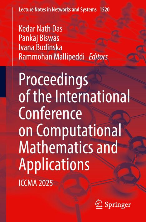 Text: "Proceedings of the International Conference on Computational Mathematics and Applications ICCMA 2025".  
Roter Hintergrund mit Molekülstruktur.