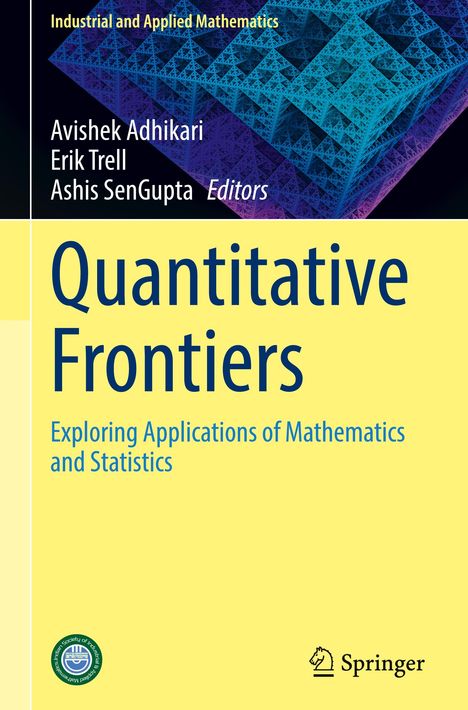 "Quantitative Frontiers: Exploring Applications of Mathematics and Statistics." Farbiges geometrisches Muster.