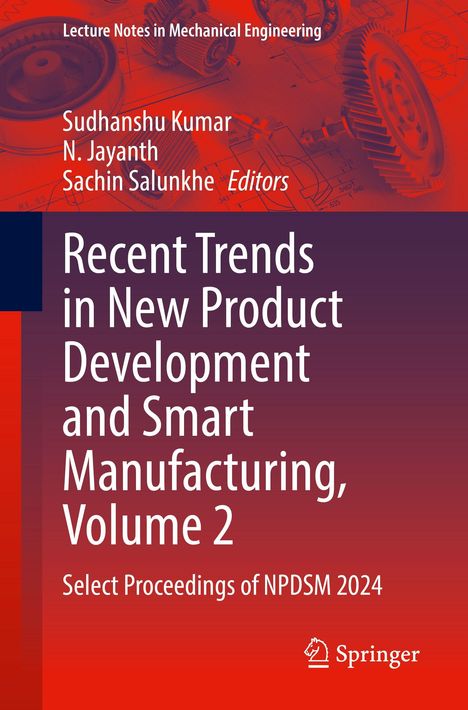 Titel: "Recent Trends in New Product Development and Smart Manufacturing, Volume 2". Zahnradzeichnungen als Hintergrund.
