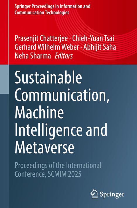 "Sustainable Communication, Machine Intelligence and Metaverse" auf blau-rotem Hintergrund. Springer-Logo unten rechts.