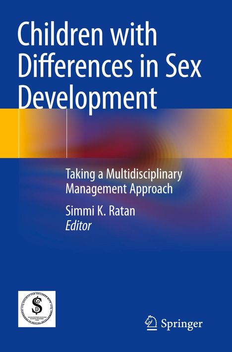 "Children with Differences in Sex Development" ist groß in Weiß auf blauem Hintergrund. Unten ein Fachbuchverlag-Logo.