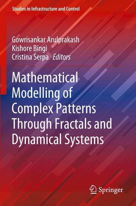 „Mathematical Modelling of Complex Patterns Through Fractals and Dynamical Systems“ auf abstrakt rot-blauem Hintergrund.