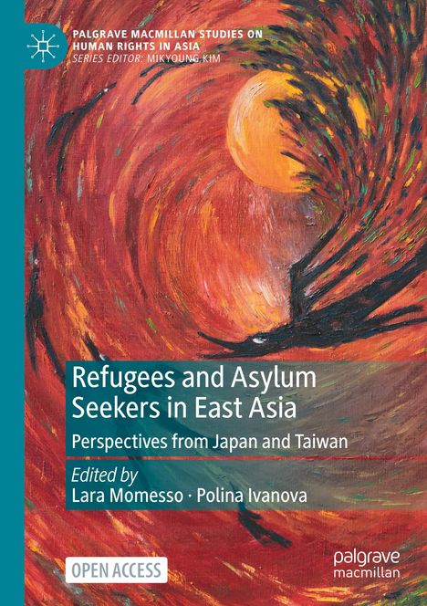 "Refugees and Asylum Seekers in East Asia: Perspectives from Japan and Taiwan" ist der Titel, umgeben von einem abstrakten Gemälde in Rot- und Orangetönen.