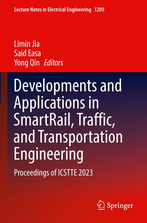 Der Text beschreibt ein Buchcover mit den Herausgebern Limin Jia, Said Easa, Yong Qin. Titel: "Developments and Applications in SmartRail, Traffic, and Transportation Engineering". Unten das Springer-Logo auf rotem Hintergrund.