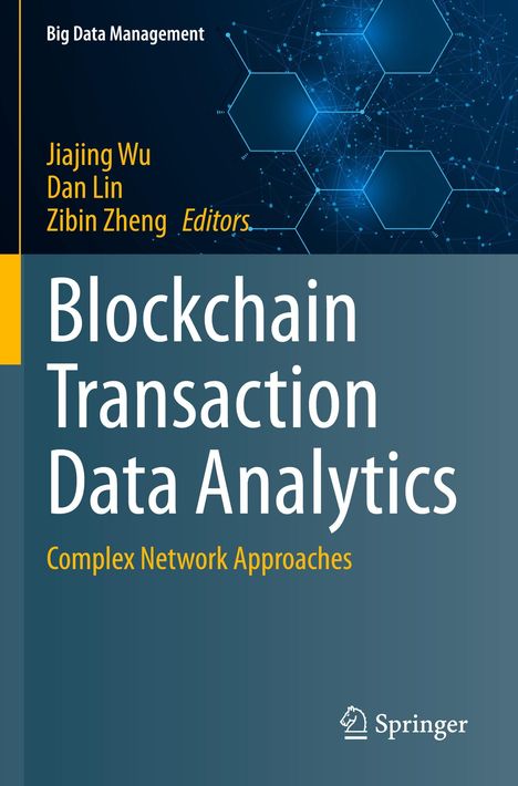 „Blockchain Transaction Data Analytics“ mit blauen Sechsecken und Springer-Logo.