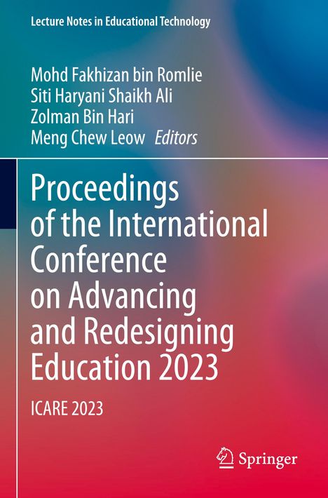 Titel: "Proceedings of the International Conference on Advancing and Redesigning Education 2023". Buntes abstraktes Design.