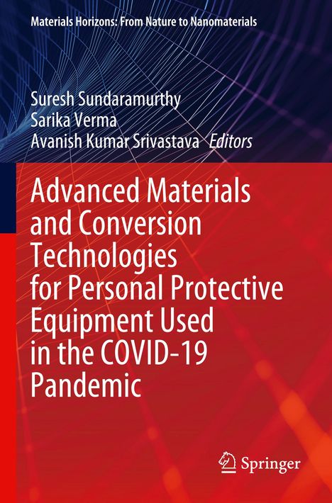 Titel: "Advanced Materials and Conversion Technologies for PPE Used in the COVID-19 Pandemic." Hintergrund: Abstrakte Linien, Logo.