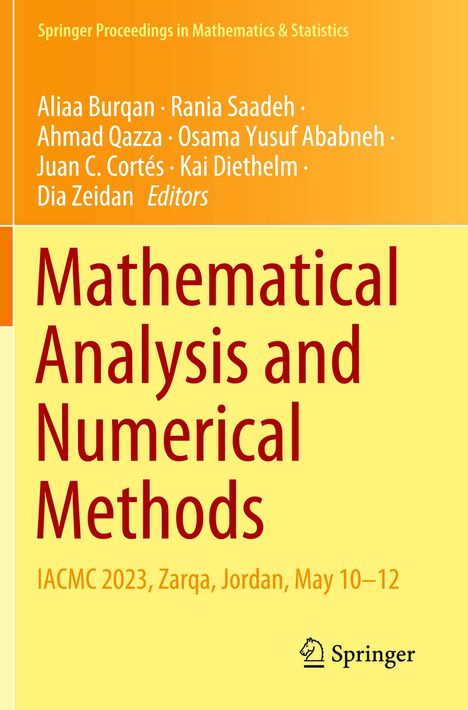 „Mathematical Analysis and Numerical Methods“, IACMC 2023, Zarqa, Jordan, May 10–12. Oben Editorennamen. Springer-Logo.